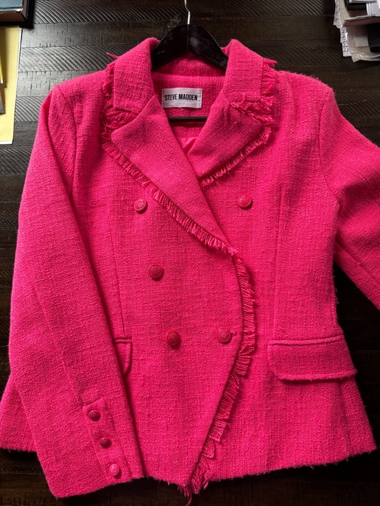 Steve Madden Jackets & Blazers - Steve Madden Bright Pink Tweed Fringed Double-Breasted Blazer
